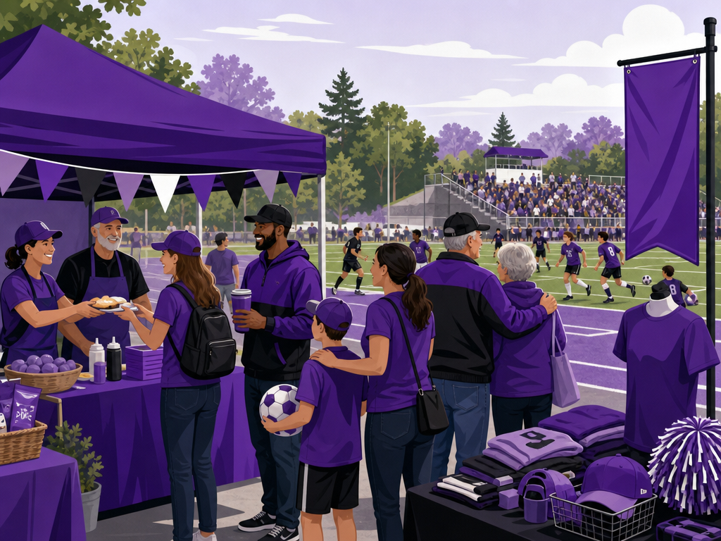 BUHS community gathering at a purple home-game tent with athletes, merchandise, and supporters
