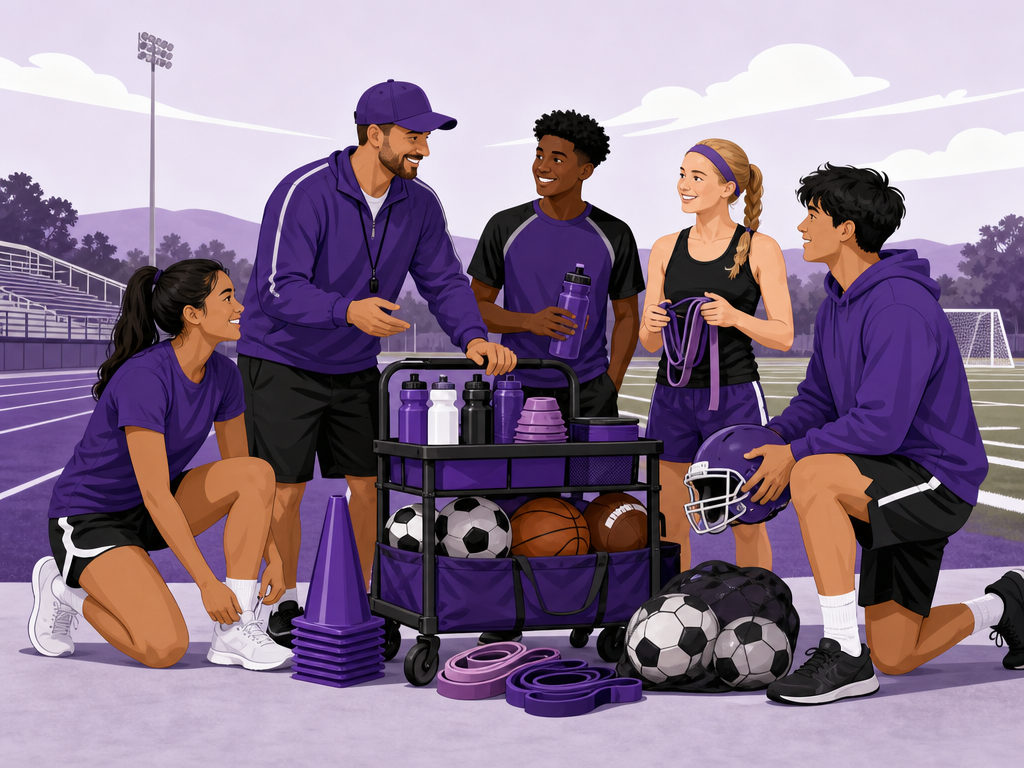 Coach and BUHS student-athletes preparing with shared sports equipment and training resources